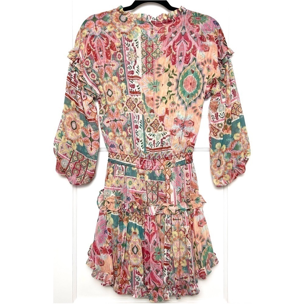 MISA Chiffon Puff Long Sleeve Tassel Tie Neck Smocked Waist Tier Ruffle Dress XS - Picture 12 of 16